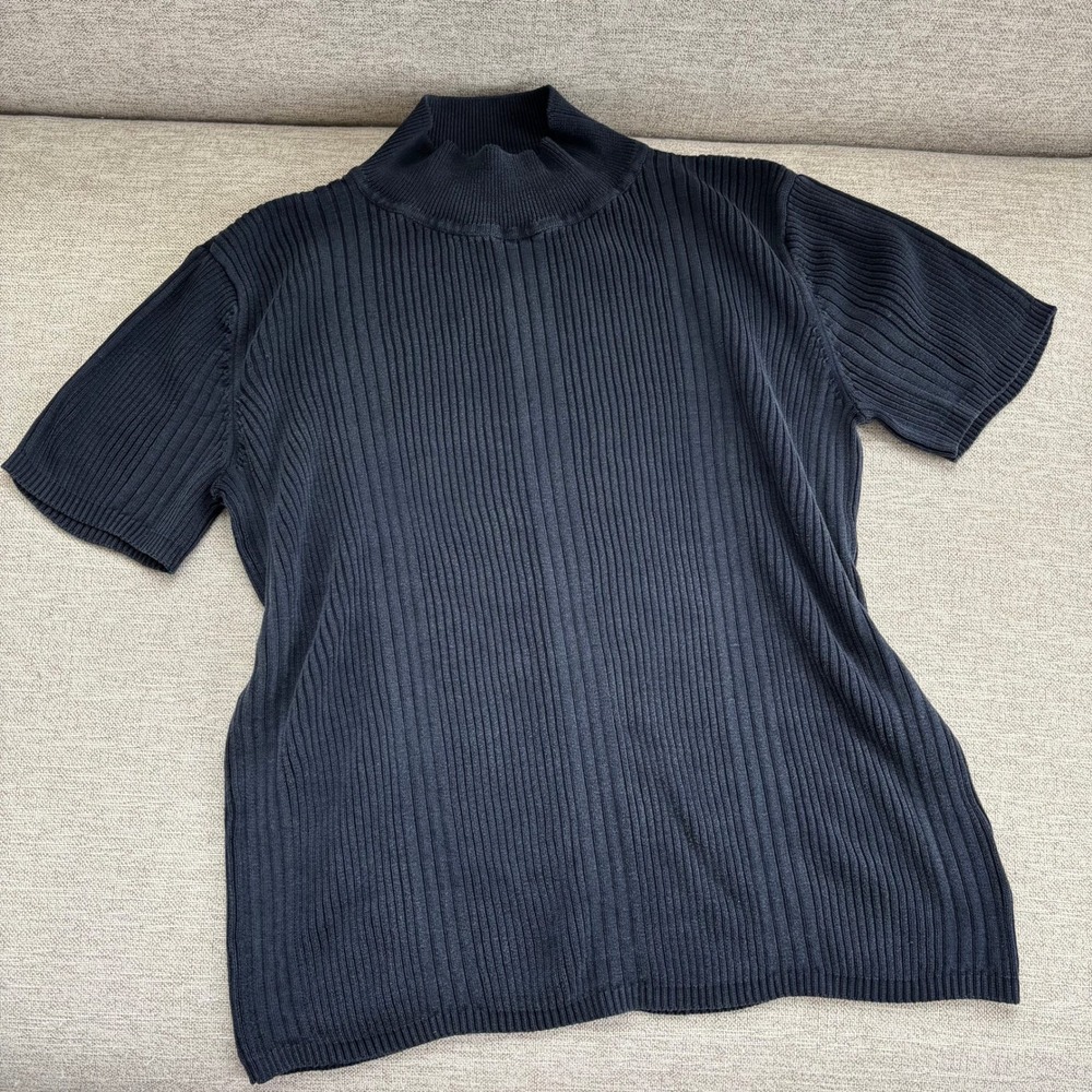 90s Vintage Liz Claiborne Silk Ribbed Sweater M Dark Blue Coastal Grandma Chic